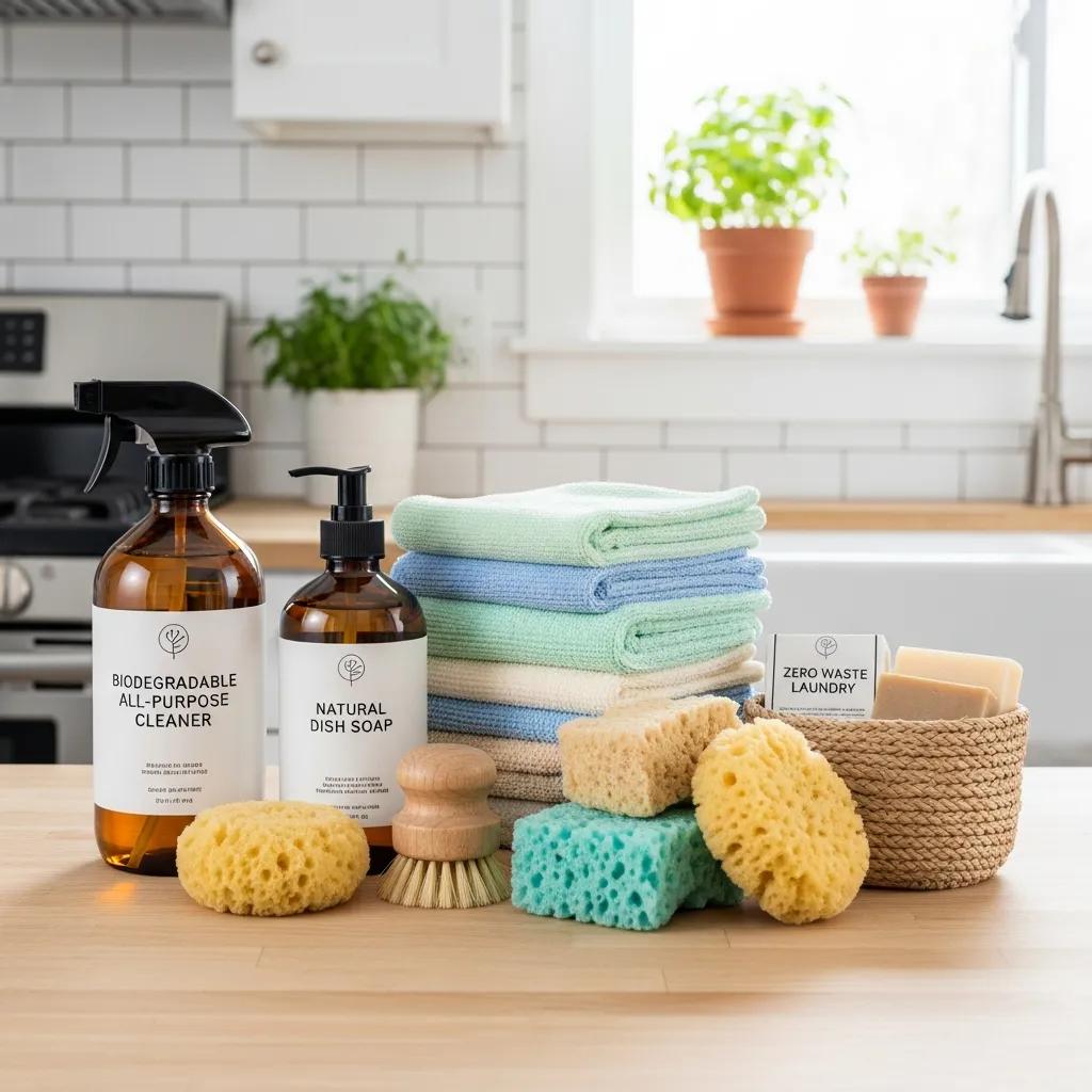 Eco-friendly cleaning supplies including biodegradable cleaners and reusable cloths in a bright kitchen setting