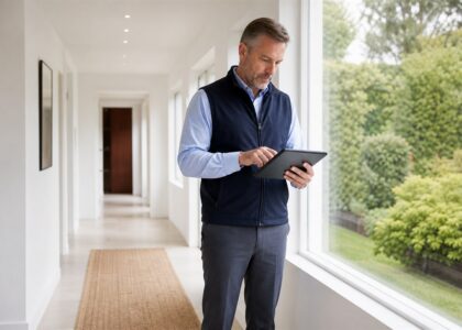 Male home watch professional standing in a bright hallway and using a tablet