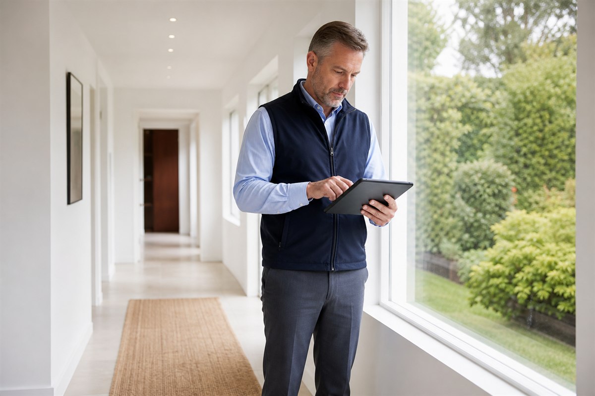 Male home watch professional standing in a bright hallway and using a tablet