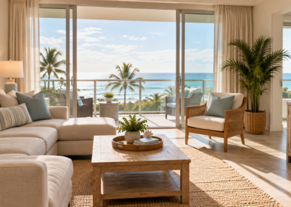 Bright coastal vacation rental living room with a balcony overlooking palm trees and the ocean