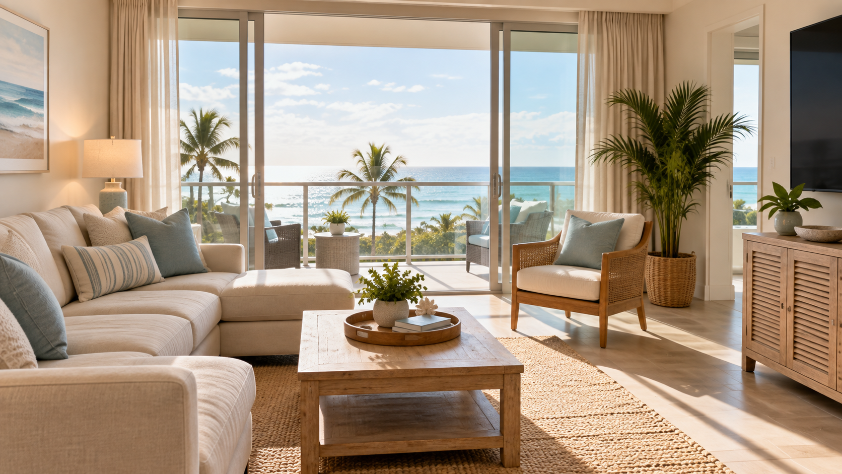 Bright coastal vacation rental living room with a balcony overlooking palm trees and the ocean