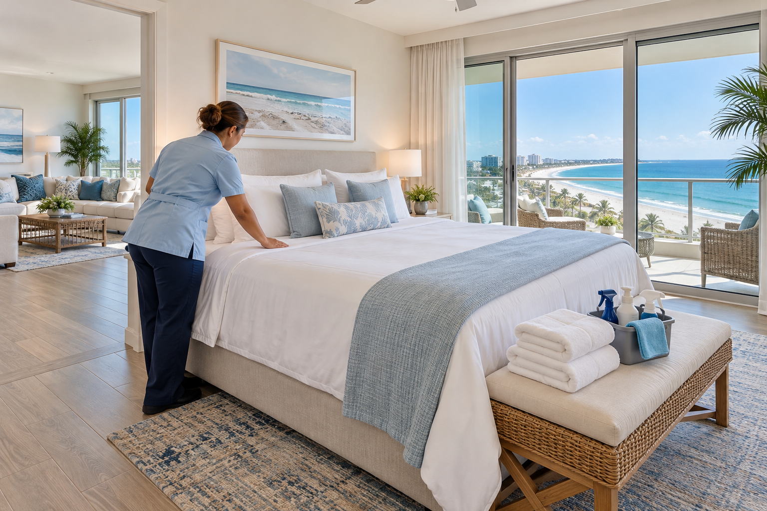 Cleaner making a bed in a bright beachfront vacation condo overlooking the ocean